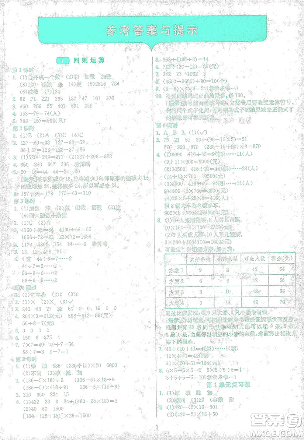 江蘇人民出版社2021年1課3練單元達標測試四年級下冊數(shù)學(xué)人教版參考答案