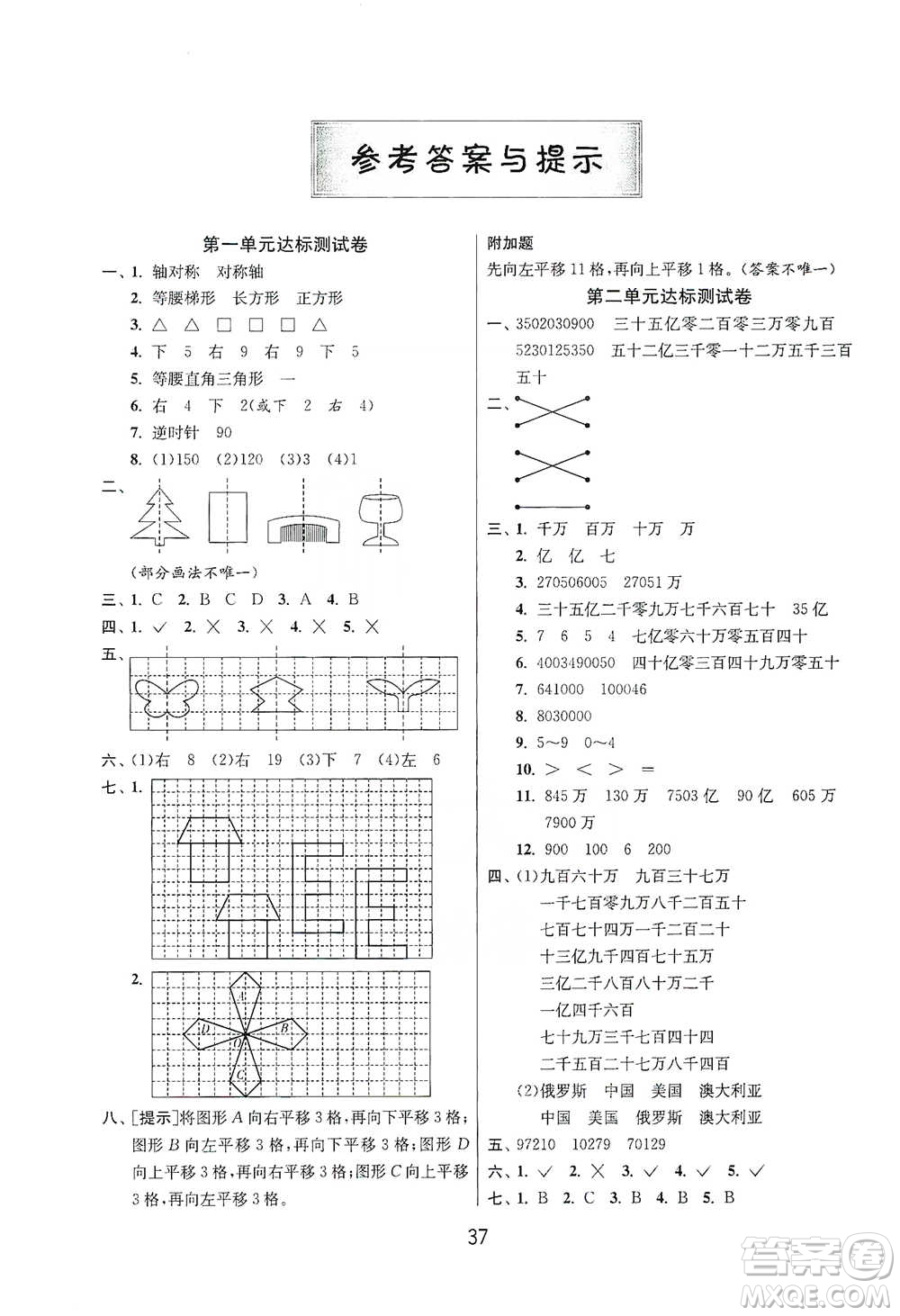 江蘇人民出版社2021年1課3練單元達(dá)標(biāo)測試四年級下冊數(shù)學(xué)蘇教版參考答案