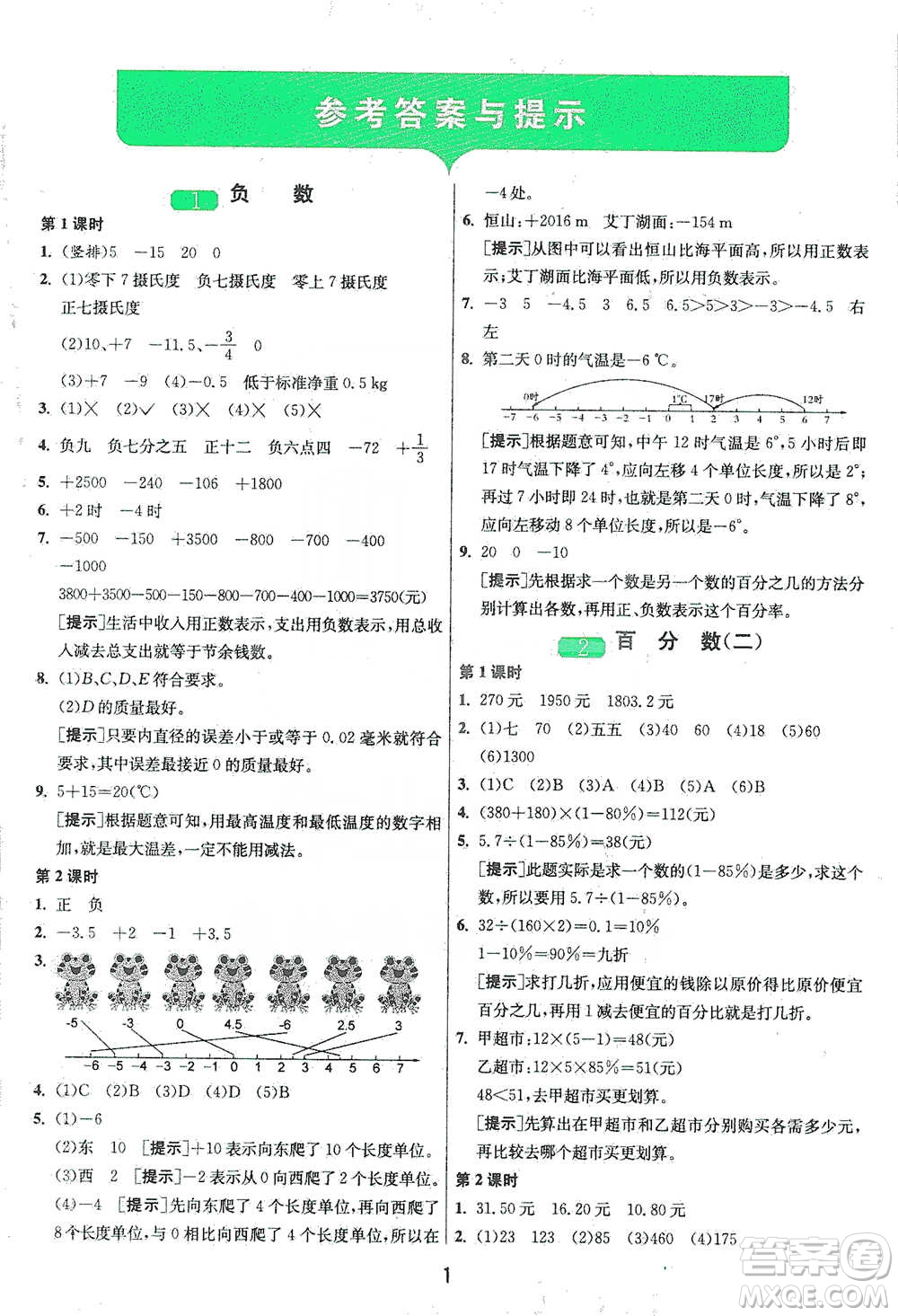 江蘇人民出版社2021年1課3練單元達(dá)標(biāo)測(cè)試六年級(jí)下冊(cè)數(shù)學(xué)人教版參考答案