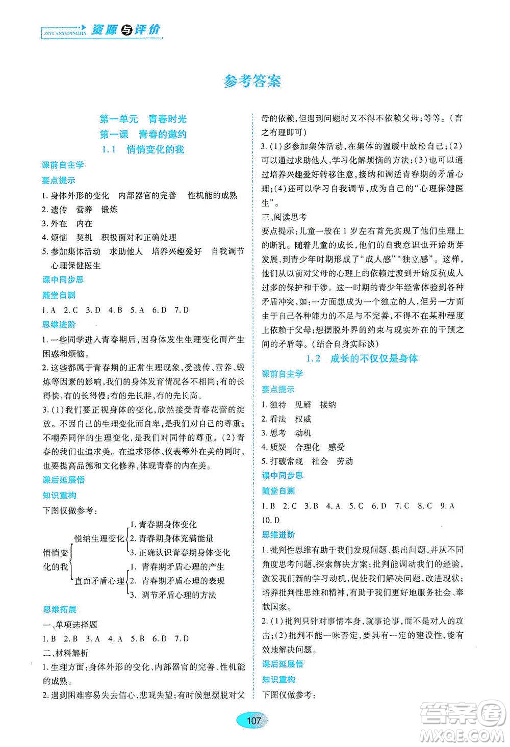 黑龍江教育出版社2021資源與評價七年級道德與法治下冊人教版答案