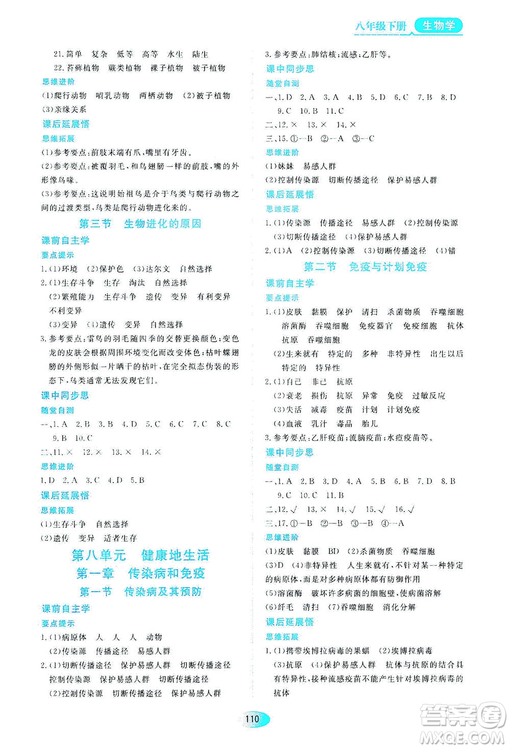 黑龍江教育出版社2021資源與評價八年級生物下冊人教版答案