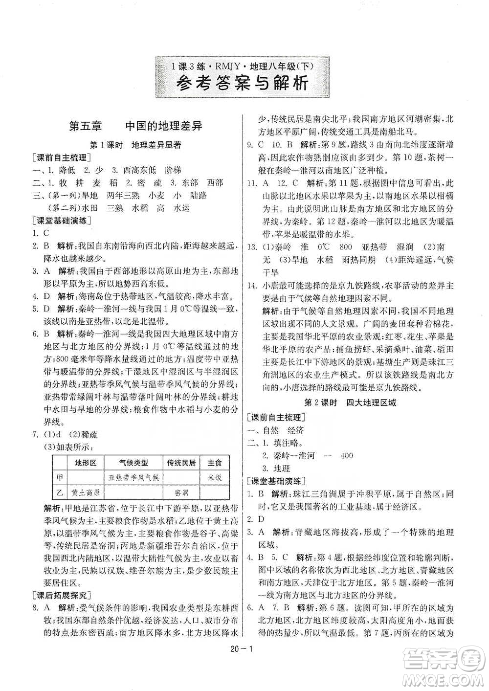 江蘇人民出版社2021年1課3練單元達(dá)標(biāo)測(cè)試八年級(jí)下冊(cè)地理人教版參考答案