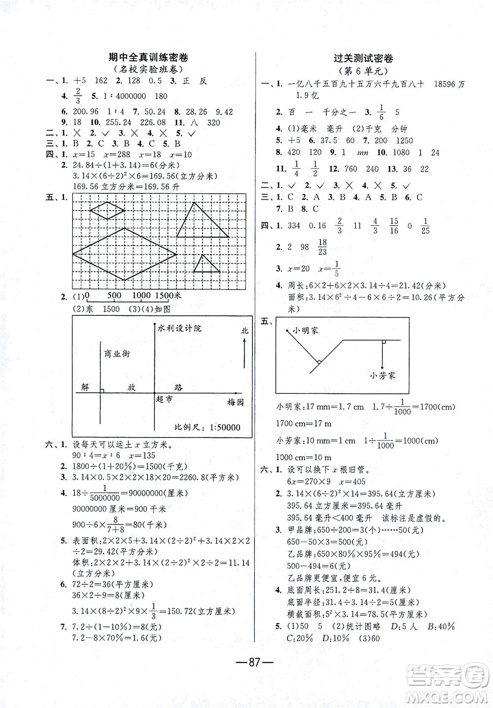 江蘇人民出版社2021期末闖關數(shù)學六年級下冊RMJY人民教育版答案