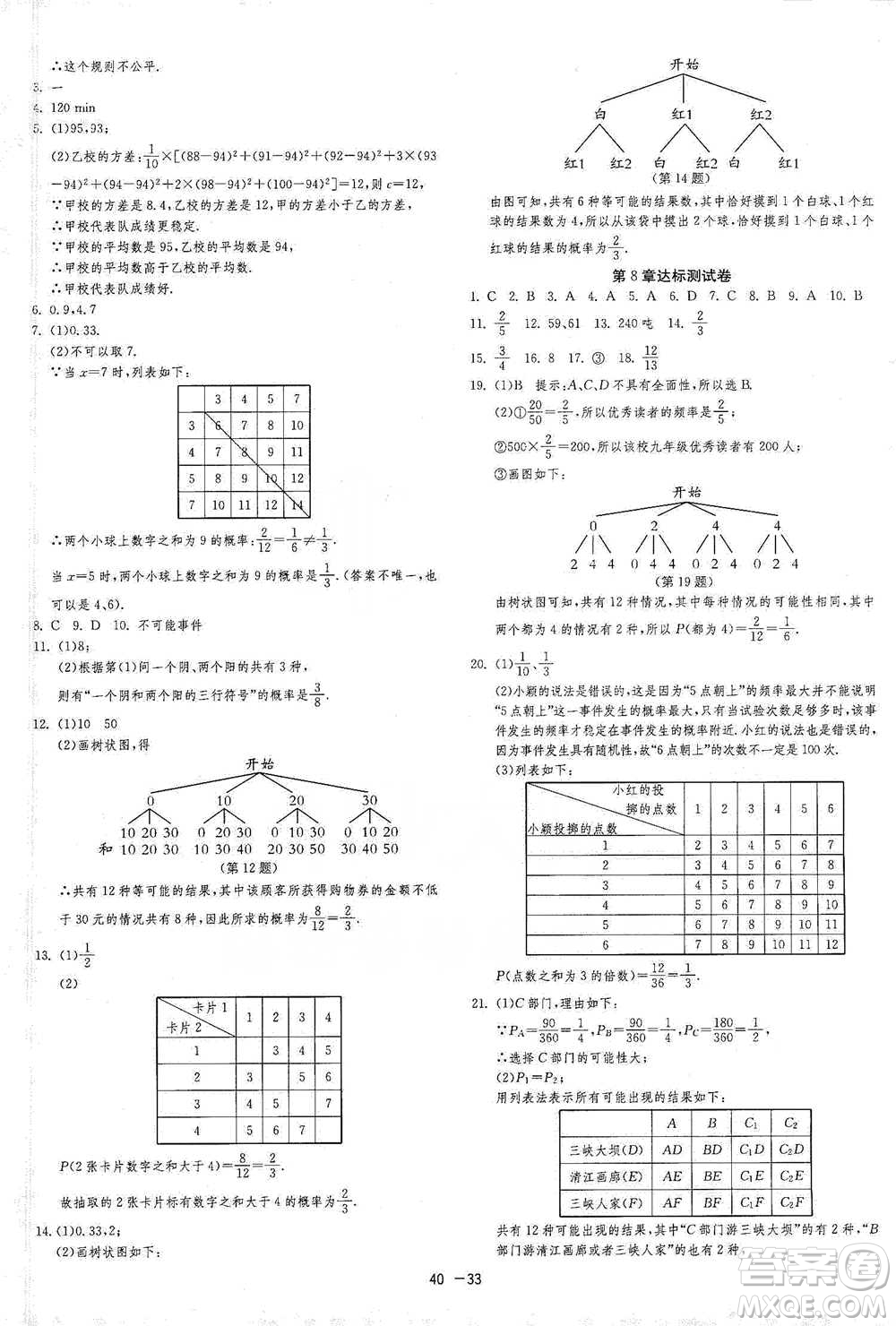 江蘇人民出版社2021年1課3練單元達(dá)標(biāo)測(cè)試九年級(jí)下冊(cè)數(shù)學(xué)蘇科版參考答案