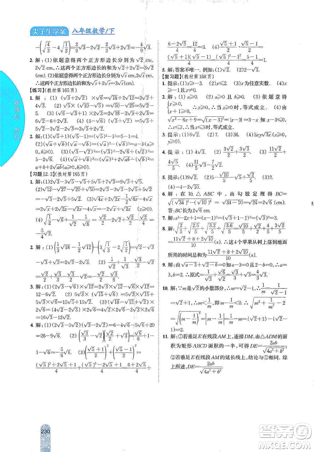 吉林人民出版社2021尖子生學(xué)案八年級下冊數(shù)學(xué)蘇科版參考答案