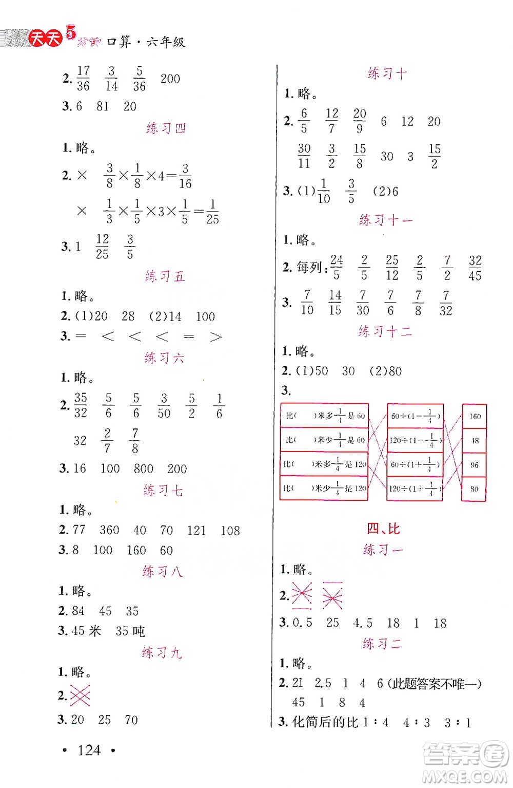 湖北教育出版社2021天天5分鐘口算六年級數(shù)學(xué)參考答案