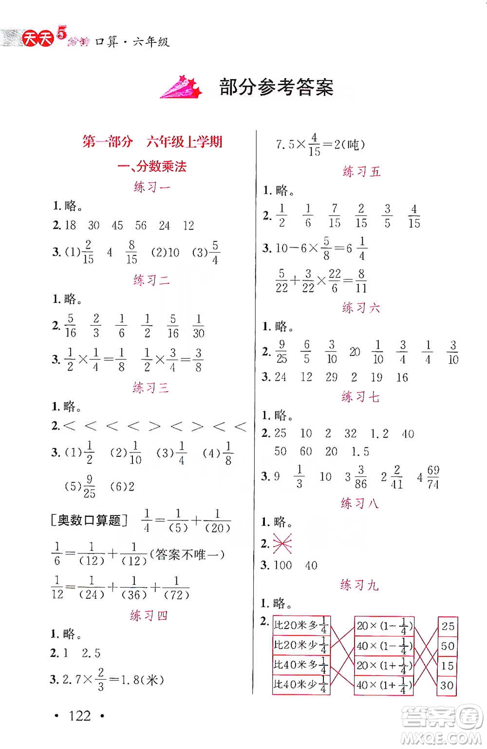 湖北教育出版社2021天天5分鐘口算六年級數(shù)學(xué)參考答案