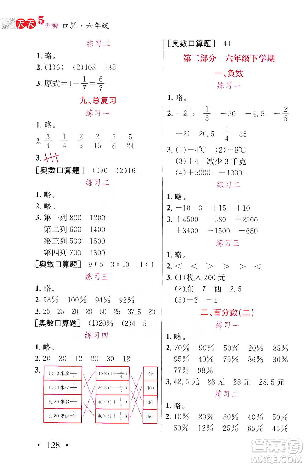 湖北教育出版社2021天天5分鐘口算六年級數(shù)學(xué)參考答案