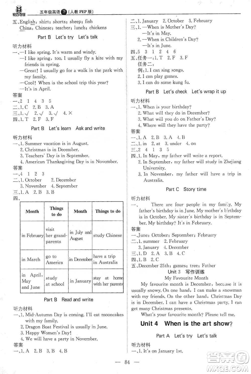 北京教育出版社2021年1+1輕巧奪冠優(yōu)化訓(xùn)練五年級下冊英語人教PEP版參考答案