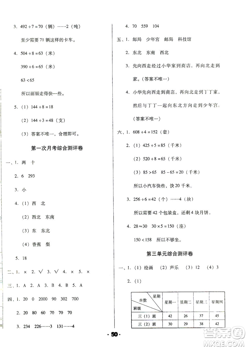 北方婦女兒童出版社2021全程考評一卷通數(shù)學三年級下冊RJ人教版答案