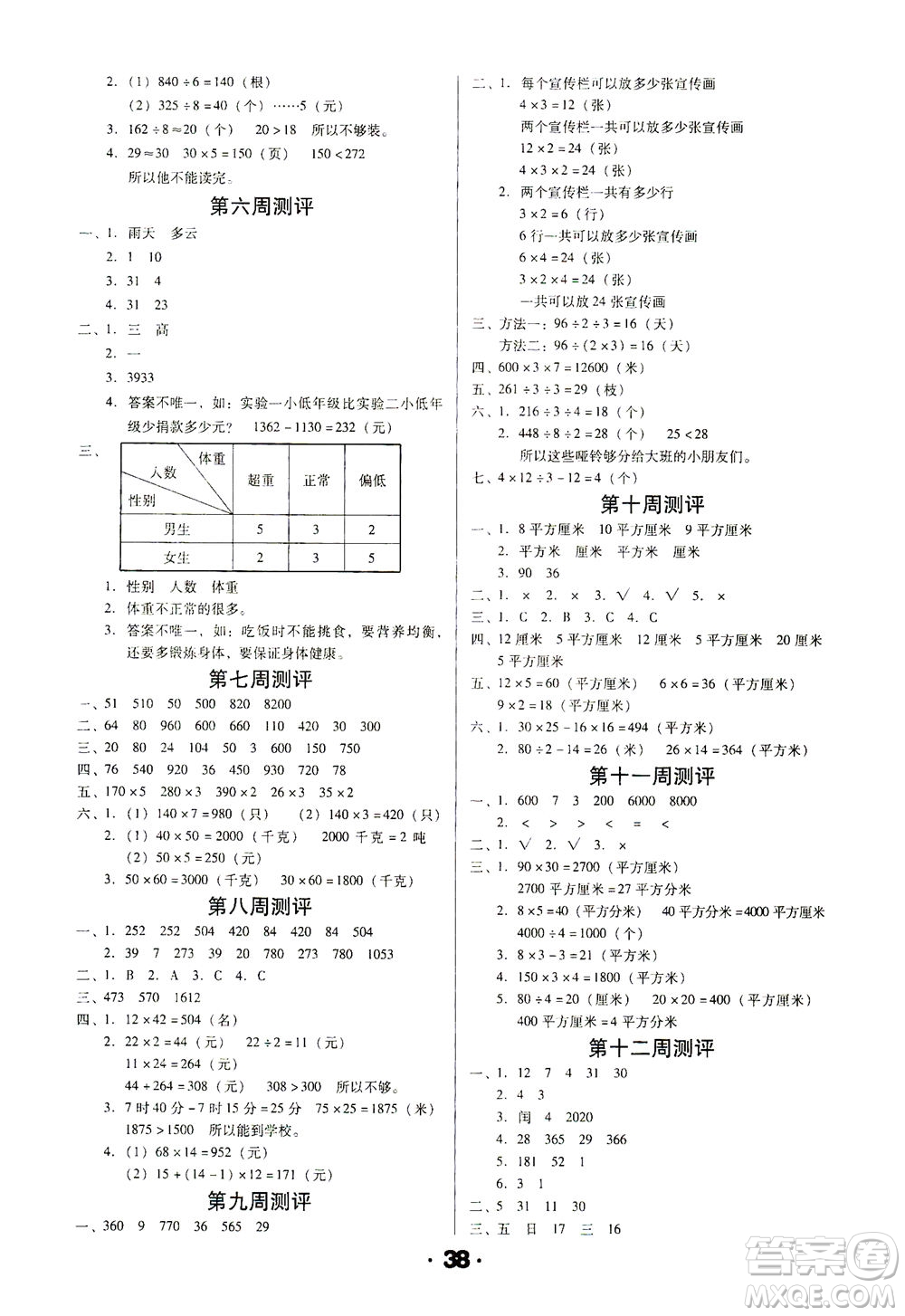 北方婦女兒童出版社2021全程考評一卷通數(shù)學三年級下冊RJ人教版答案