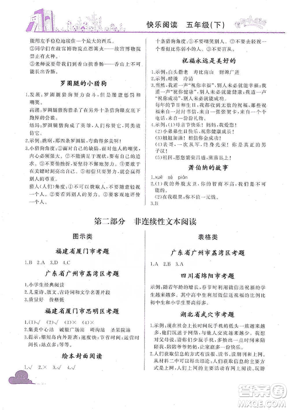 龍門書局2021黃岡小狀元快樂閱讀五年級下冊語文參考答案