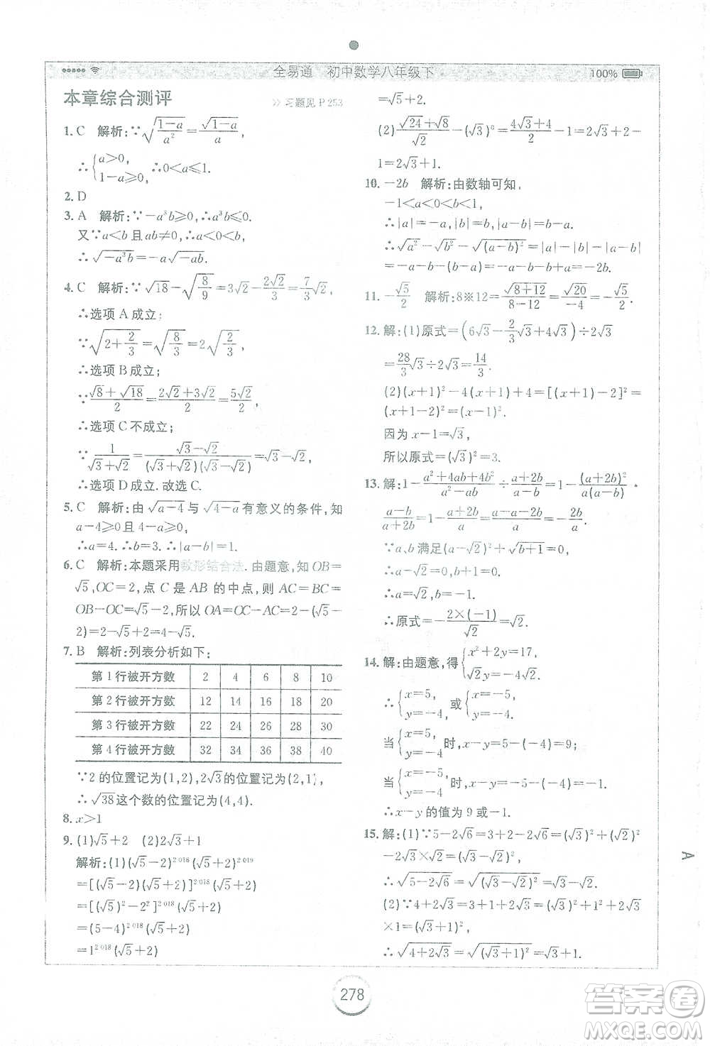 安徽人民出版社2021全易通初中數(shù)學(xué)八年級下冊蘇科版參考答案