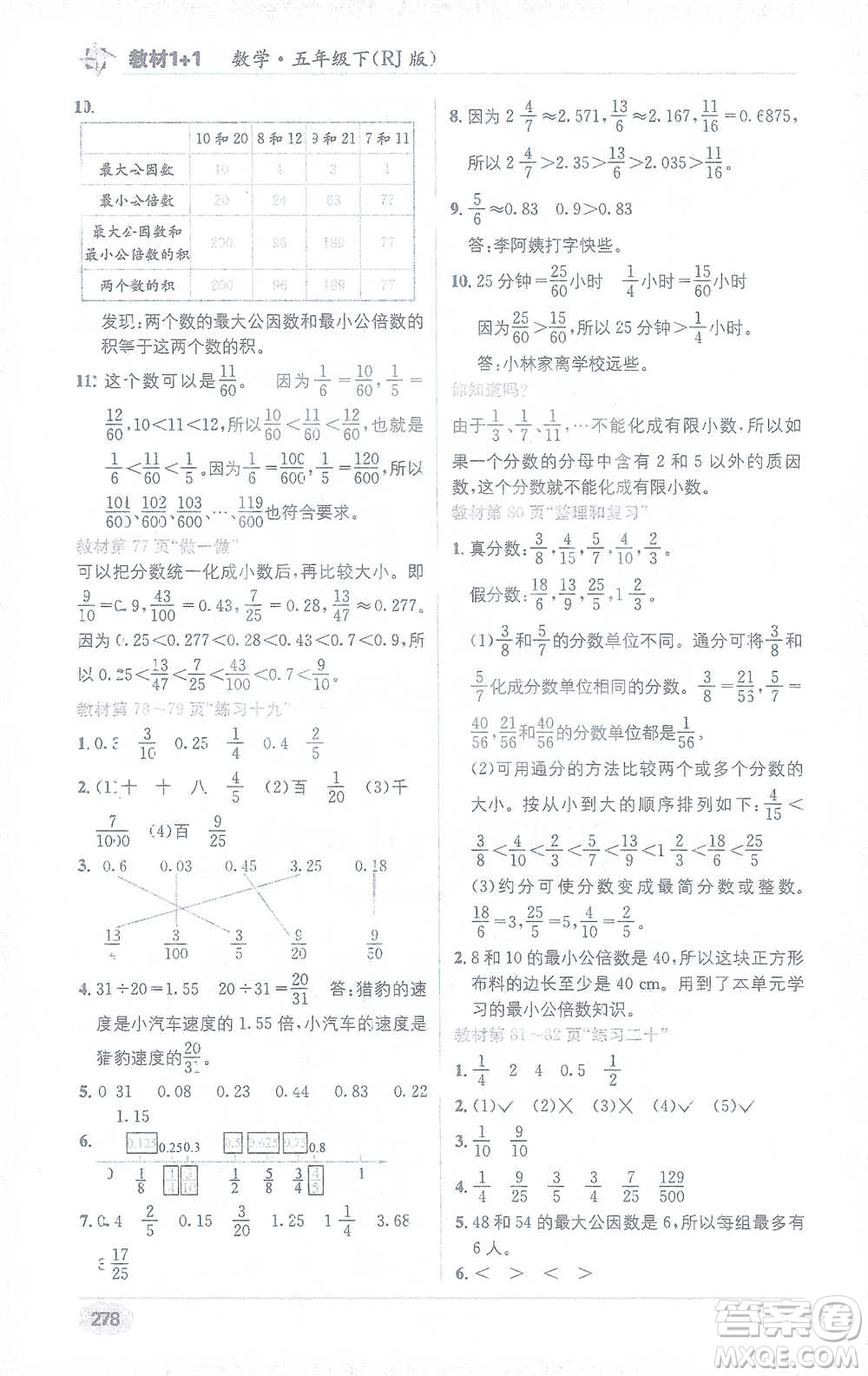 新疆青少年出版社2021教材1+1全解精練五年級下冊數(shù)學人教版參考答案