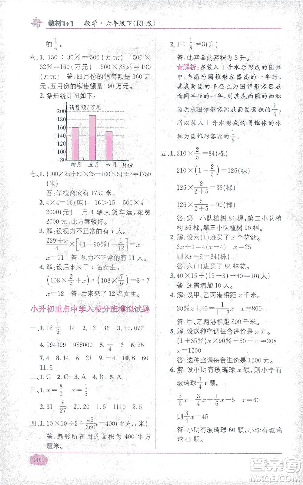 新疆青少年出版社2021教材1+1全解精練六年級(jí)下冊(cè)數(shù)學(xué)人教版參考答案