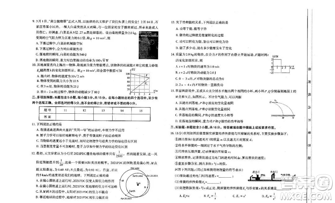 太原市2020-2021學年第二學期高一年級期末考試物理試卷及答案