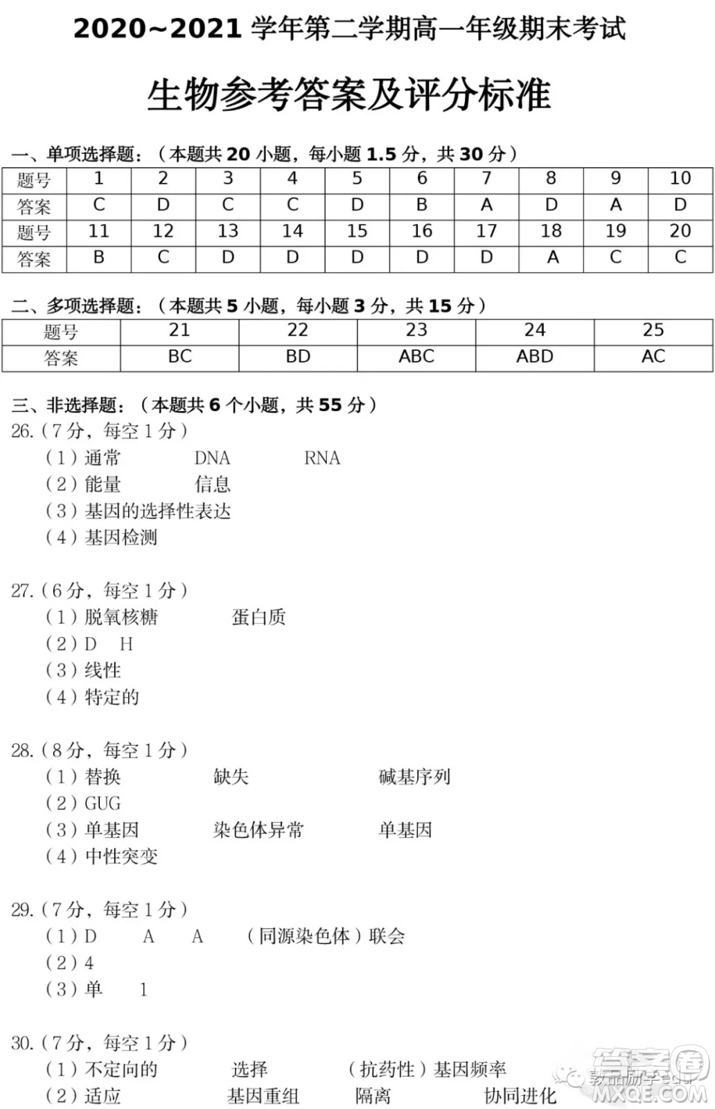 太原市2020-2021學(xué)年第二學(xué)期高一年級(jí)期末考試生物試卷及答案