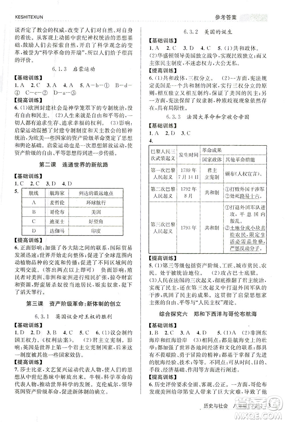 浙江人民出版社2021課時(shí)特訓(xùn)八年級(jí)歷史下冊(cè)人教版答案