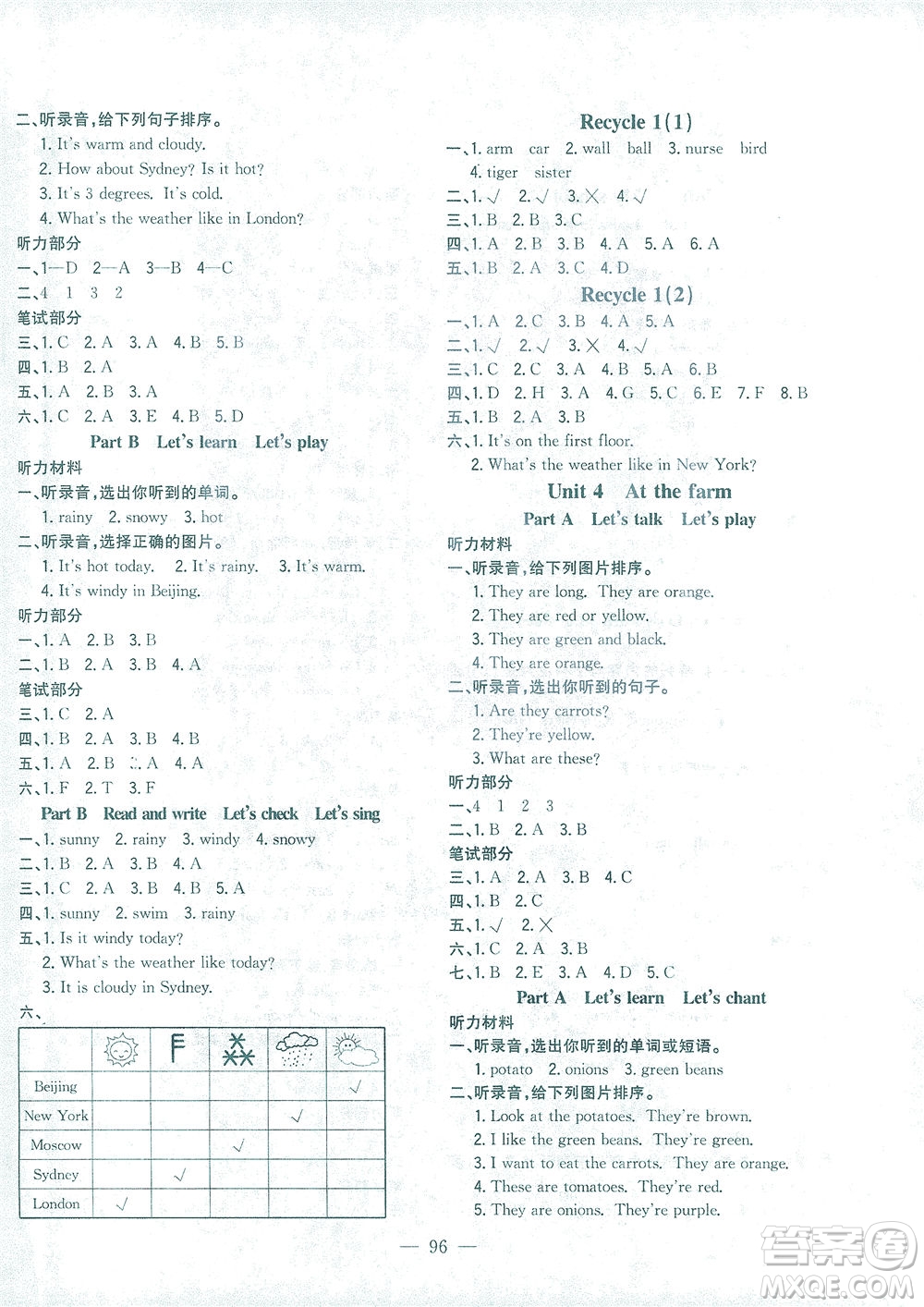 浙江大學(xué)出版社2021課時(shí)特訓(xùn)優(yōu)化作業(yè)本四年級英語下冊PEP版答案