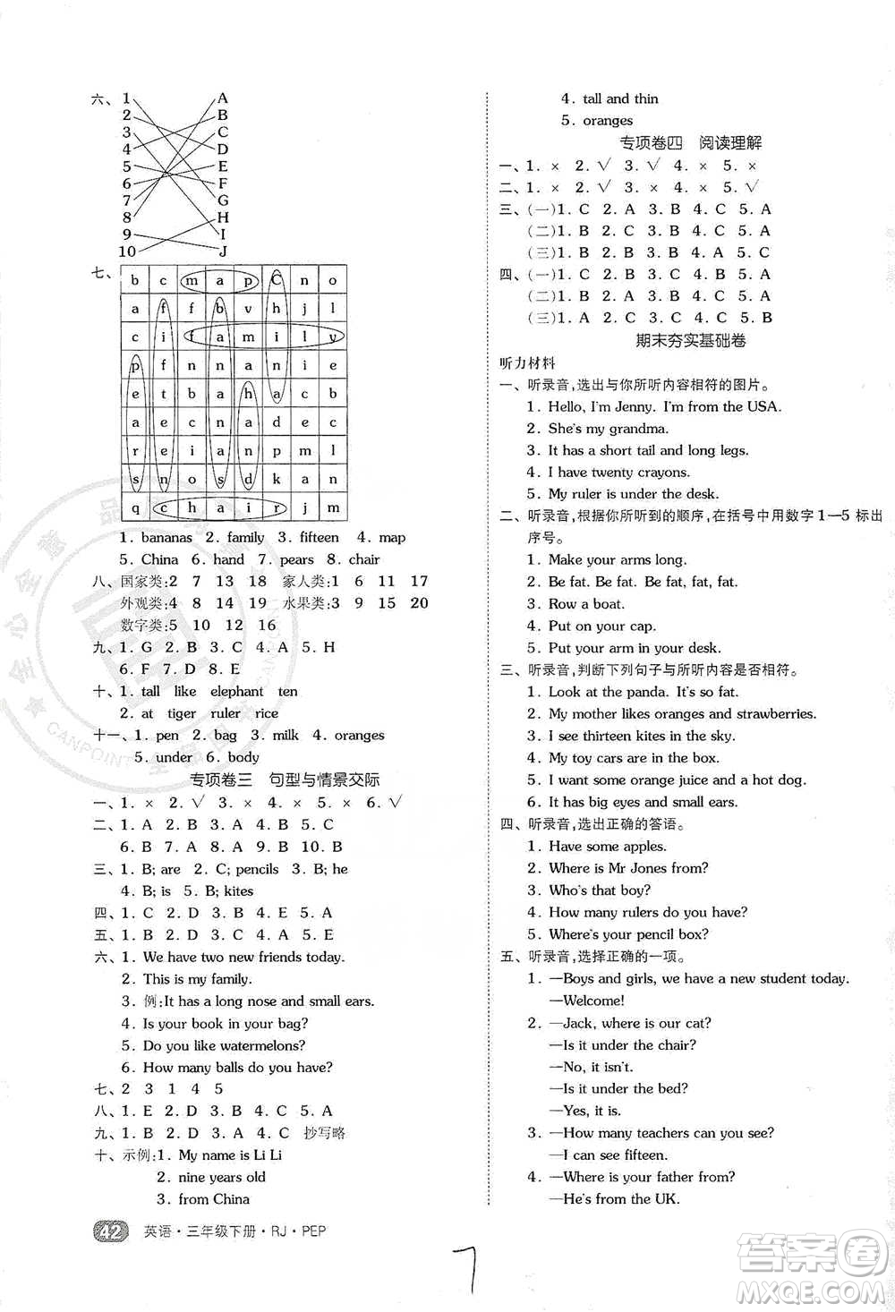 陽光出版社2021全品小復(fù)習(xí)三年級下冊英語人教版參考答案