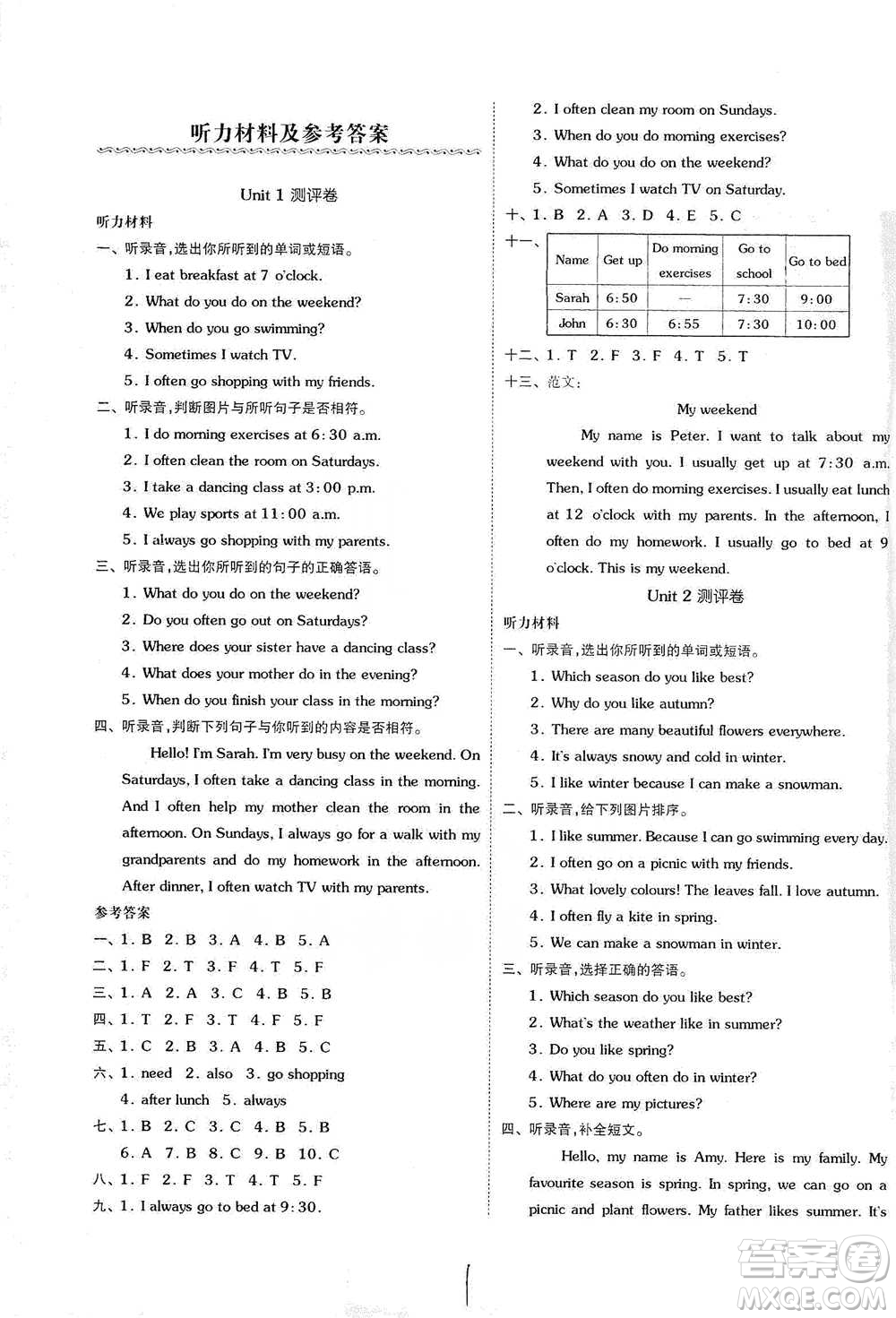 陽光出版社2021全品小復習五年級下冊英語人教版參考答案