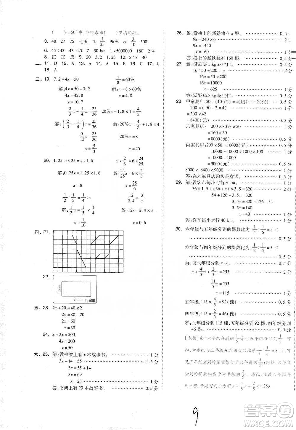 陽光出版社2021全品小復(fù)習(xí)六年級下冊數(shù)學(xué)人教版參考答案