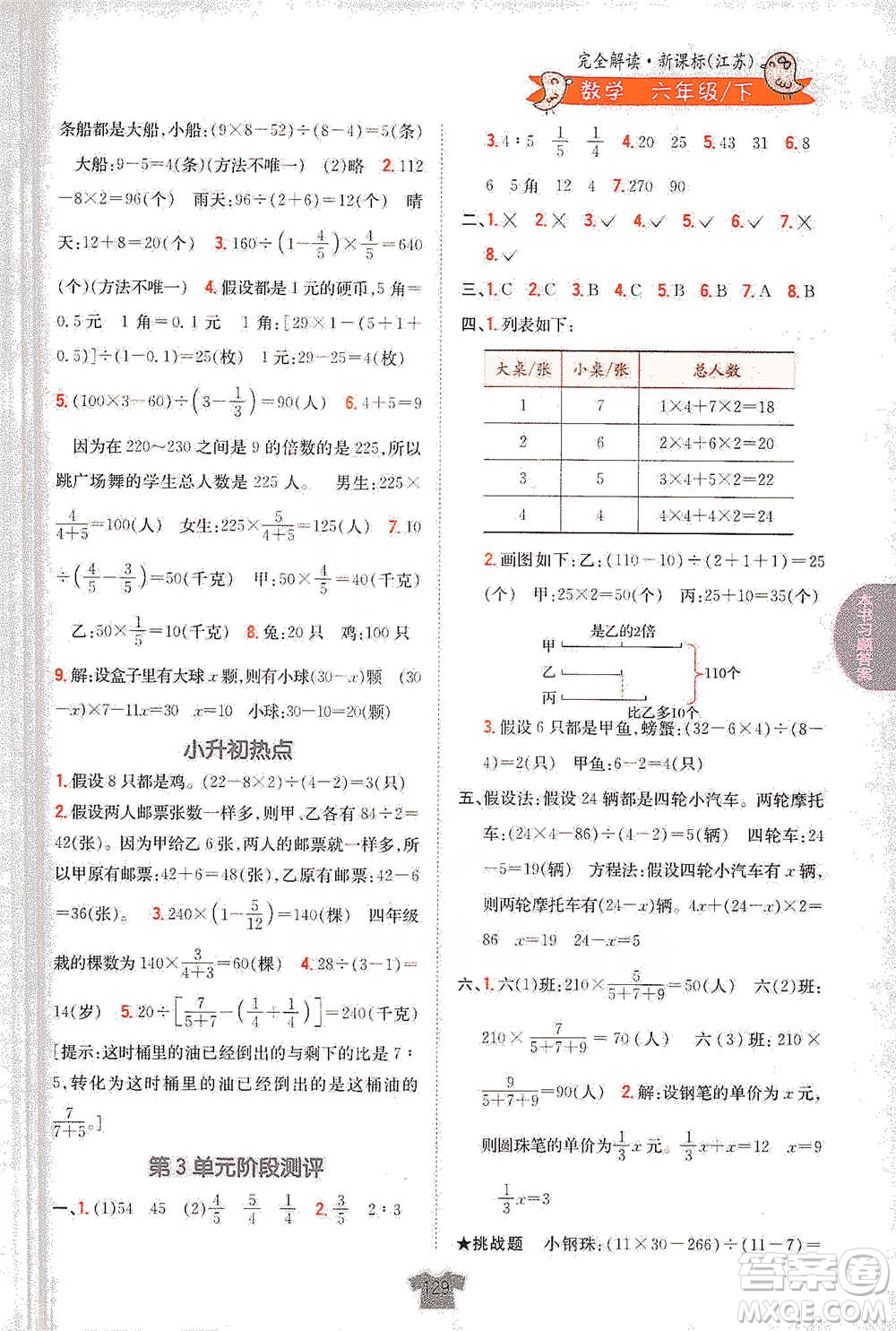 吉林人民出版社2021小學教材完全解讀六年級下冊數(shù)學江蘇版參考答案