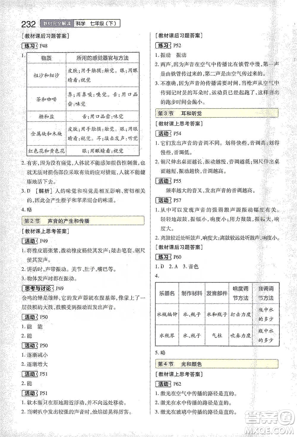 陜西師范大學出版總社2021初中教材完全解讀七年級下冊科學浙教版參考答案