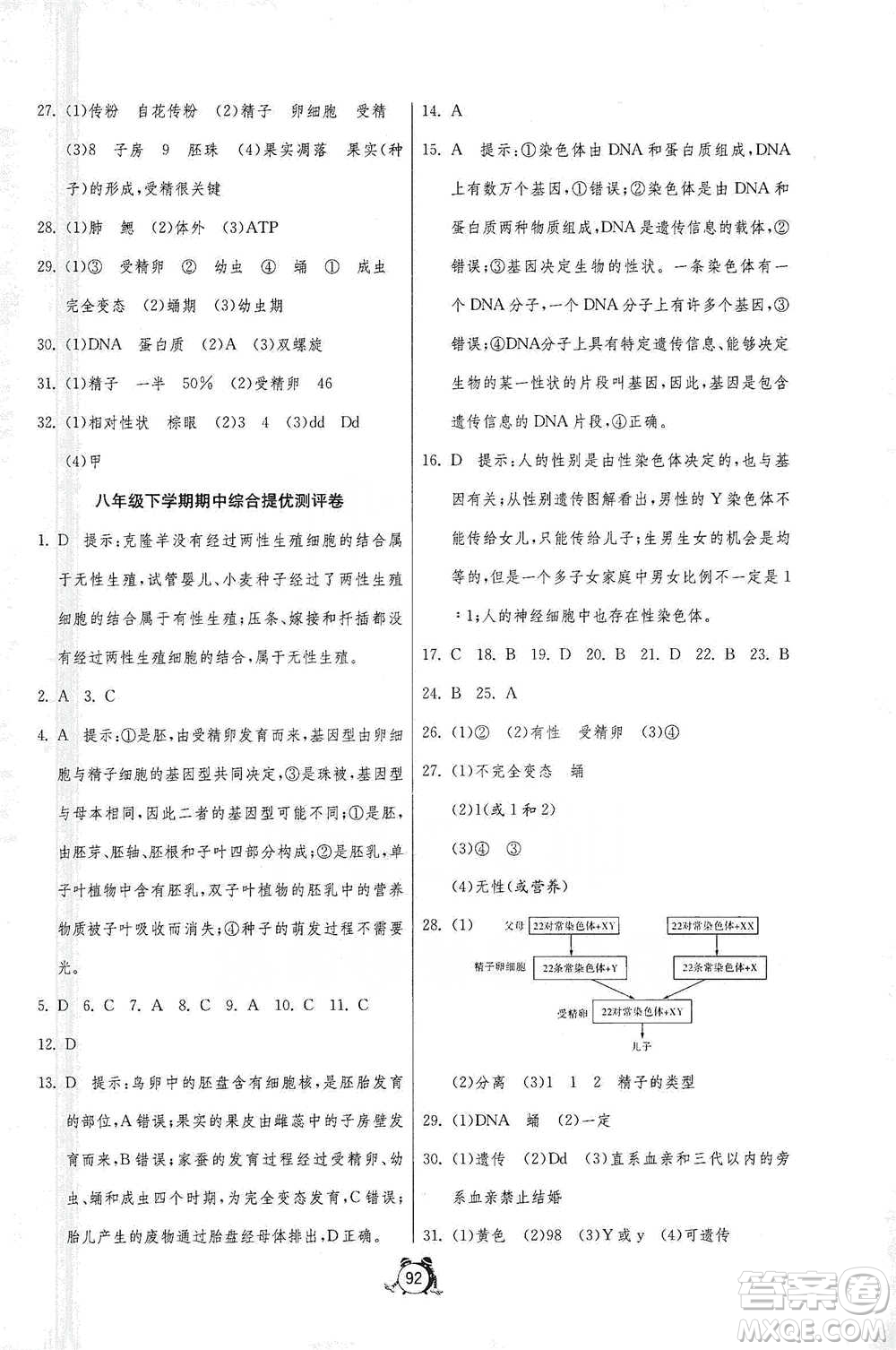 江蘇人民出版社2021單元雙測全程提優(yōu)測評卷八年級下冊生物學(xué)蘇教版參考答案