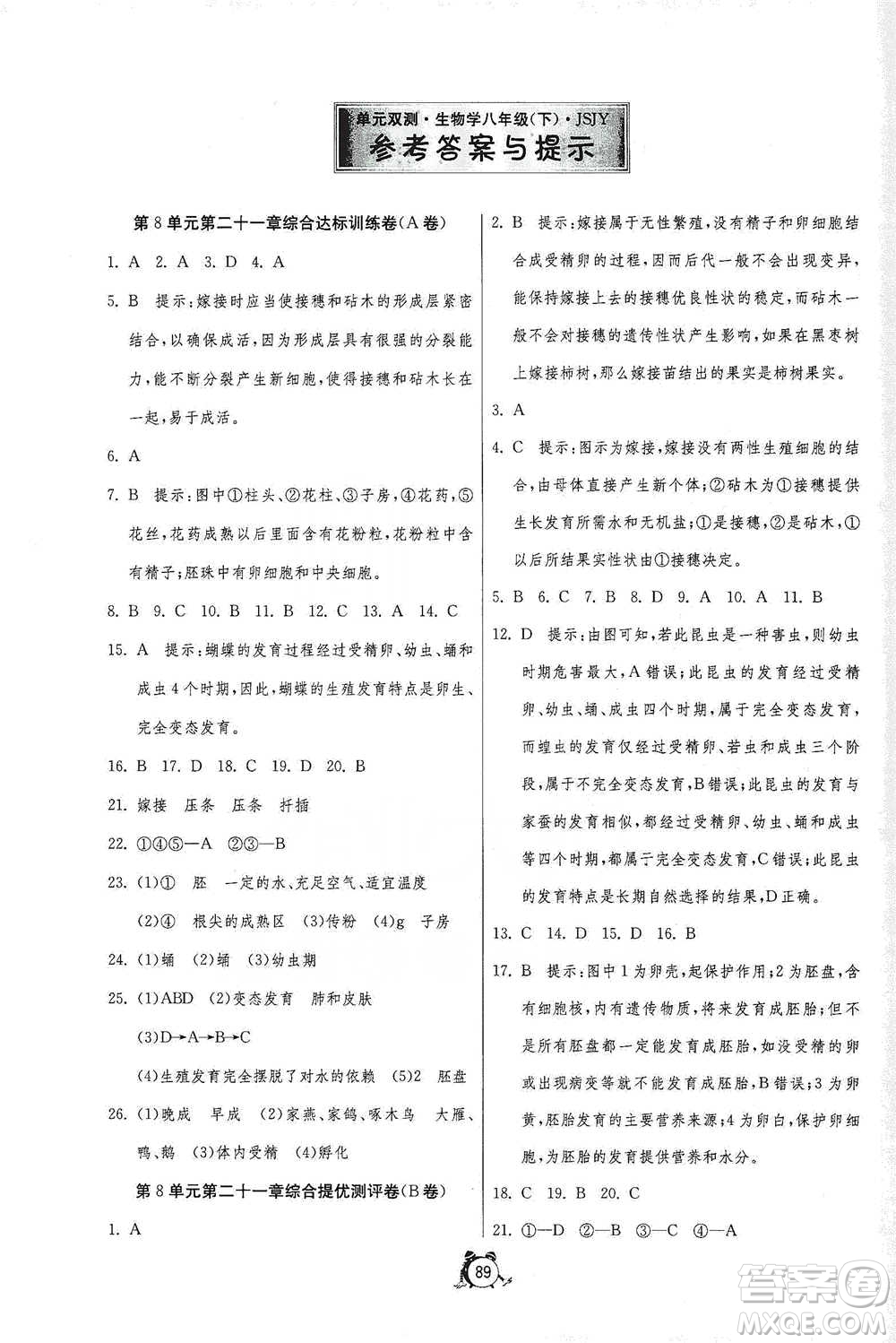 江蘇人民出版社2021單元雙測全程提優(yōu)測評卷八年級下冊生物學(xué)蘇教版參考答案