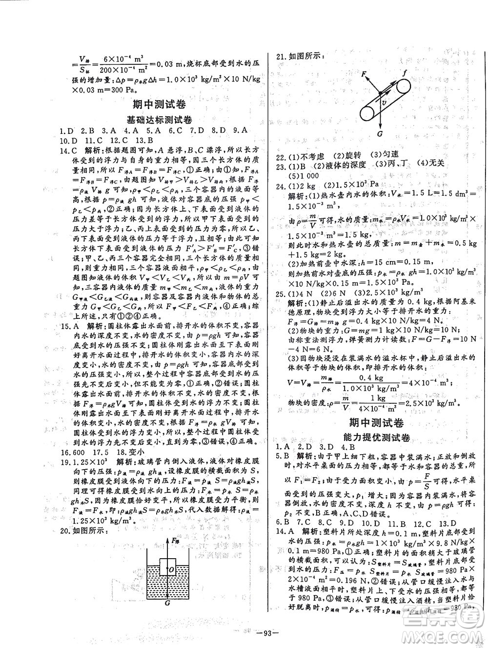 山東文藝出版社2021初中單元提優(yōu)測(cè)試卷八年級(jí)物理下冊(cè)魯教版五四學(xué)制答案