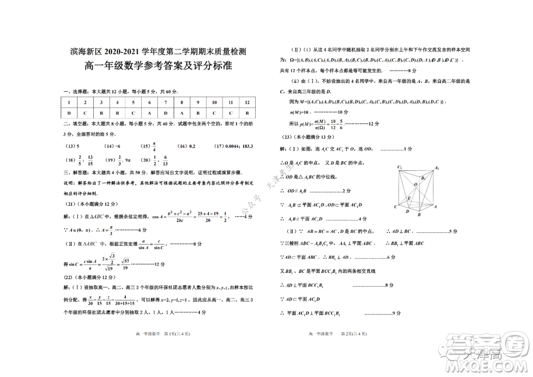 天津市濱海新區(qū)2020-2021學(xué)年第二學(xué)期期末質(zhì)量檢測高一數(shù)學(xué)試題及答案