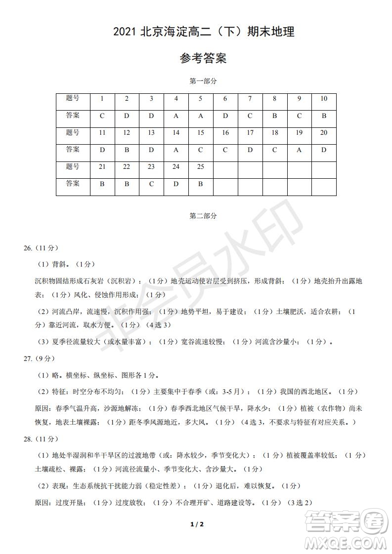 2021北京市海淀區(qū)高二年級(jí)第二學(xué)期期末學(xué)業(yè)水平調(diào)研地理試題及答案