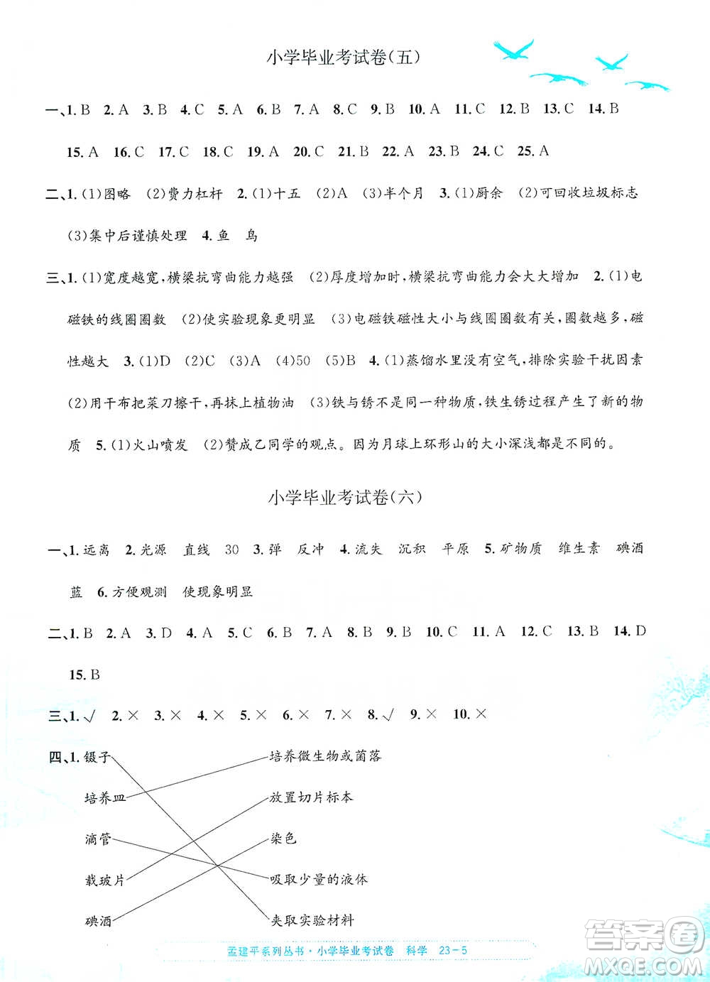 浙江工商大學(xué)出版社2021孟建平系列小學(xué)科學(xué)畢業(yè)考試卷參考答案