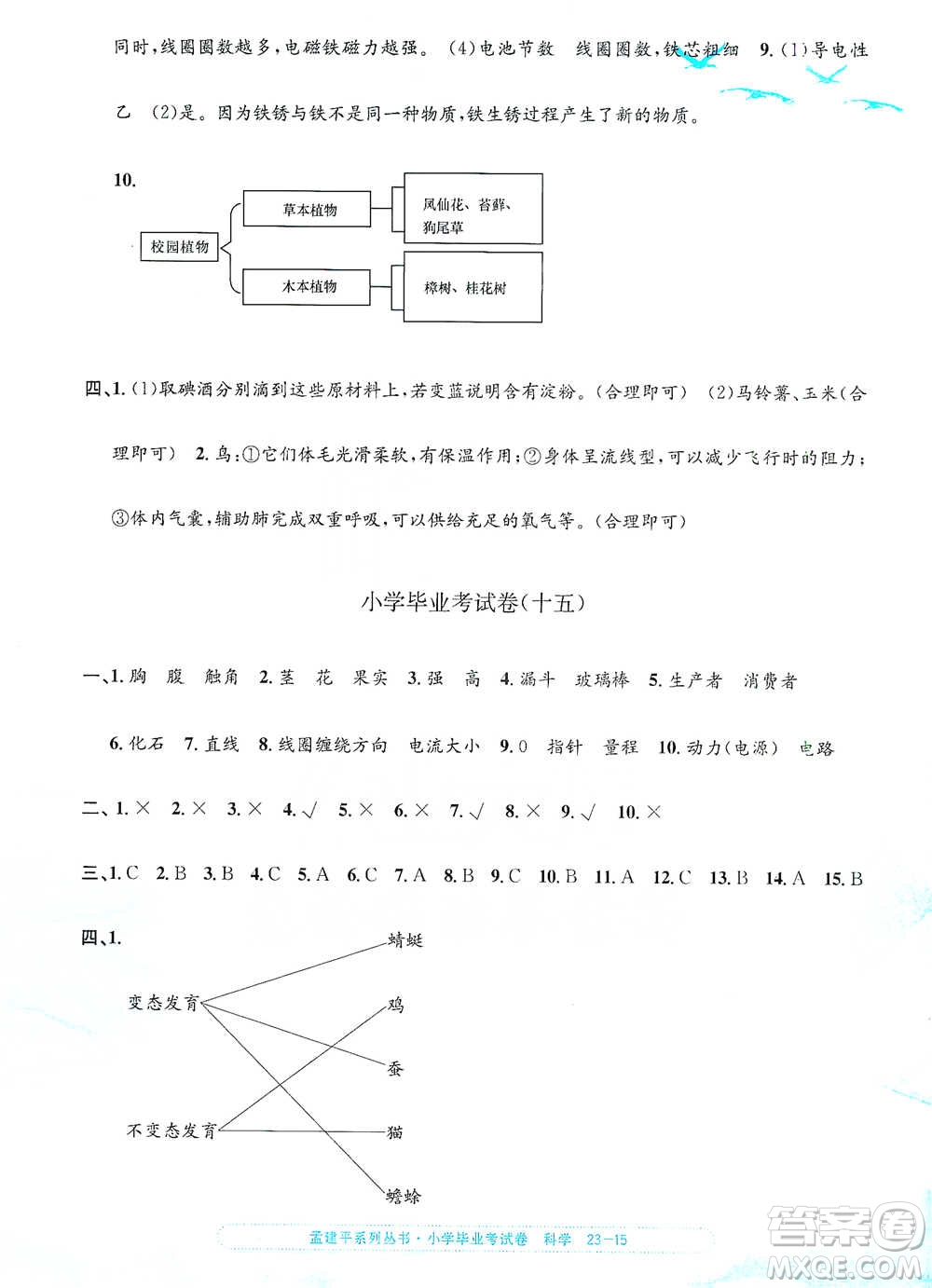 浙江工商大學(xué)出版社2021孟建平系列小學(xué)科學(xué)畢業(yè)考試卷參考答案