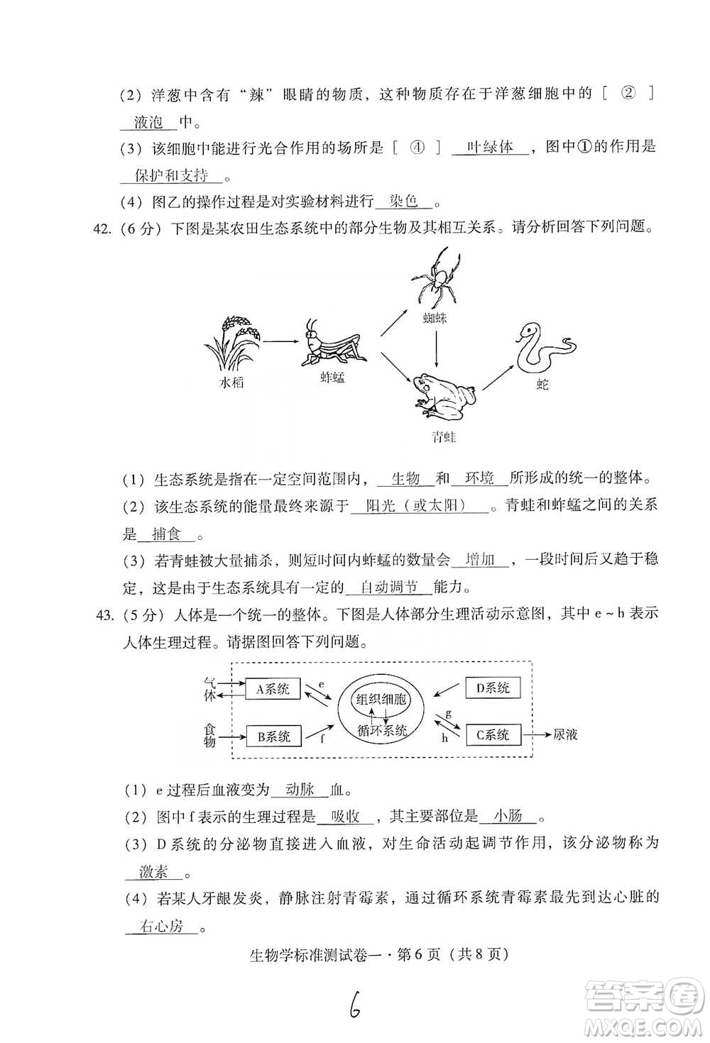 云南教育出版社2021優(yōu)佳學(xué)案云南省初中學(xué)業(yè)水平考試標(biāo)準(zhǔn)測試卷生物學(xué)參考答案