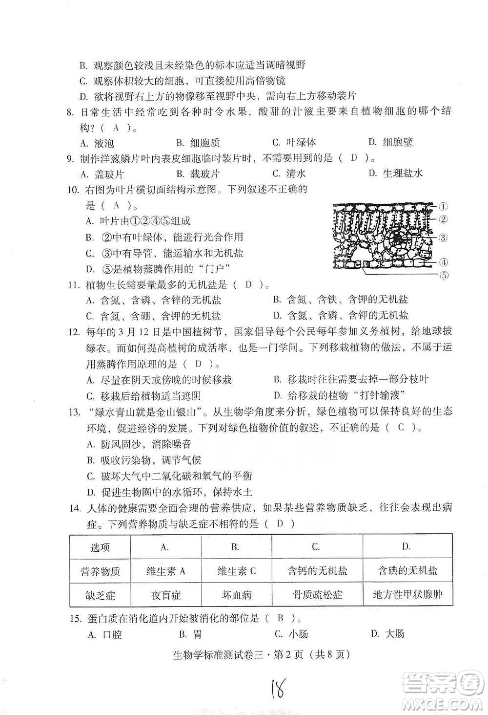 云南教育出版社2021優(yōu)佳學(xué)案云南省初中學(xué)業(yè)水平考試標(biāo)準(zhǔn)測試卷生物學(xué)參考答案