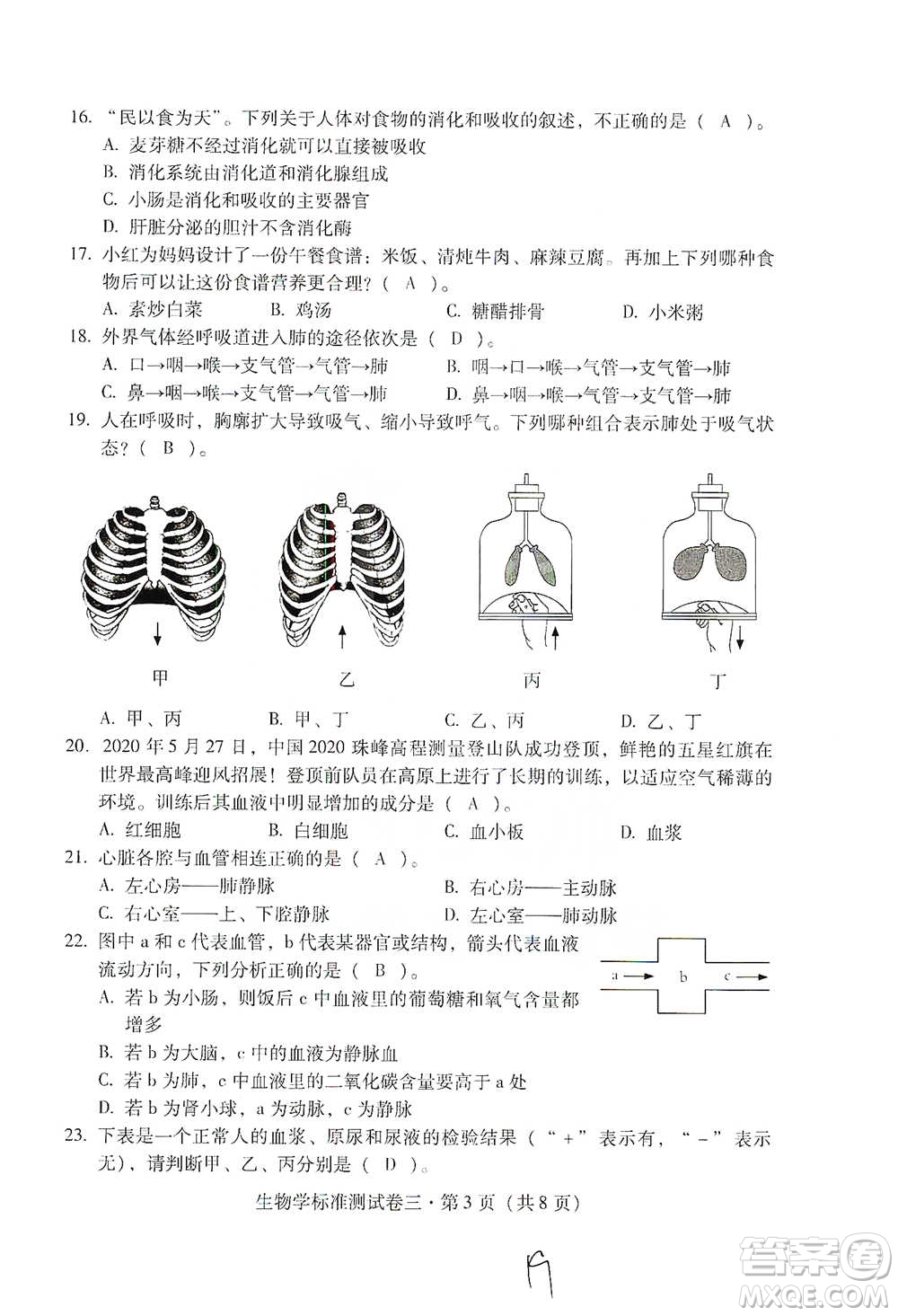 云南教育出版社2021優(yōu)佳學(xué)案云南省初中學(xué)業(yè)水平考試標(biāo)準(zhǔn)測試卷生物學(xué)參考答案