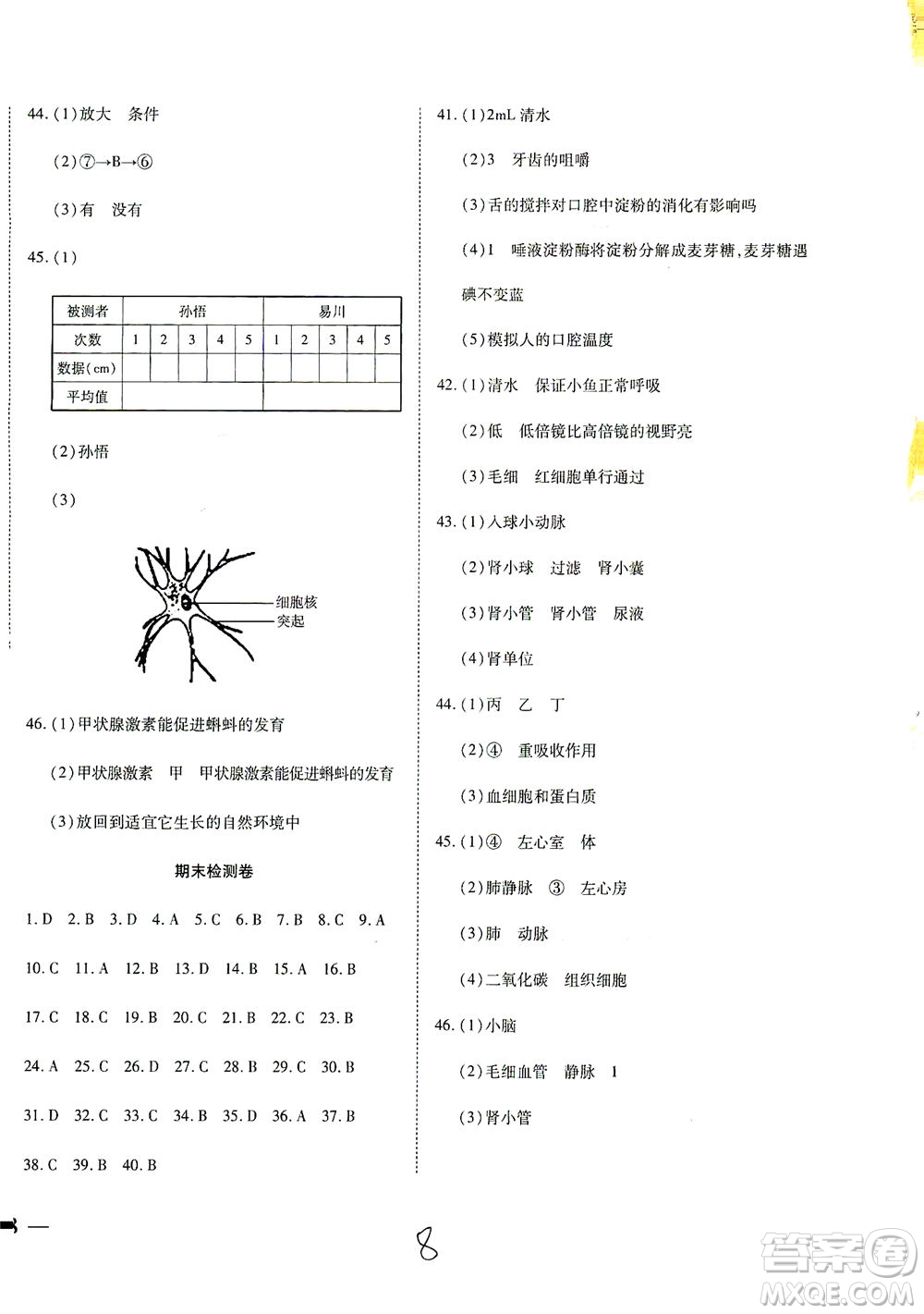 河北教育出版社2021省考標準卷七年級生物下冊人教版答案