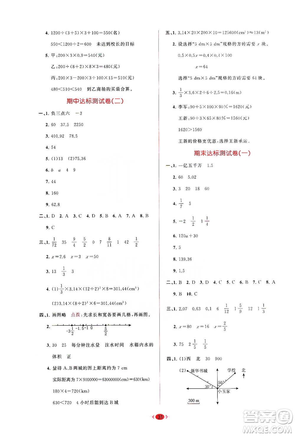 龍門書局2021三點(diǎn)一測快樂周計(jì)劃六年級(jí)下冊數(shù)學(xué)參考答案