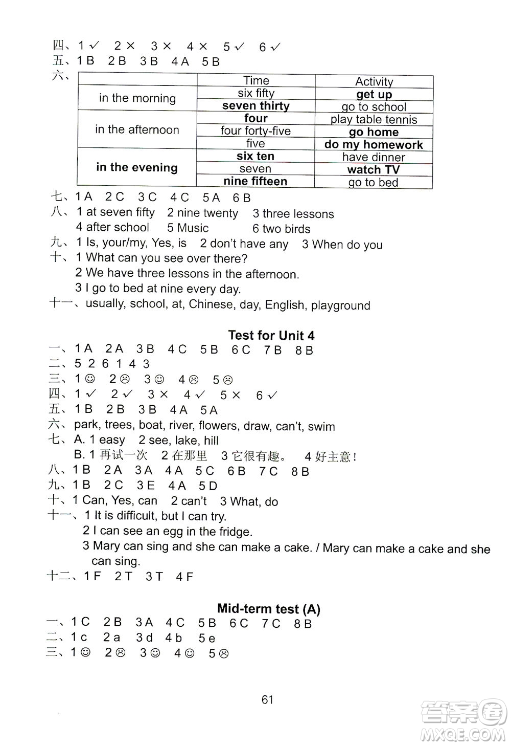 江蘇鳳凰教育出版社2021練習(xí)與測試四年級英語下冊譯林版答案