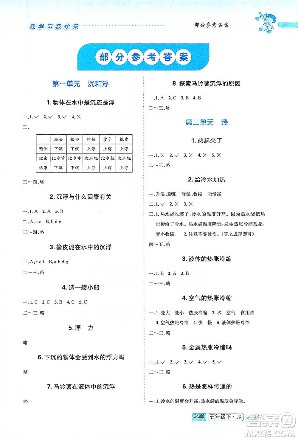 云南科技出版社2021創(chuàng)新成功學(xué)習(xí)同步導(dǎo)學(xué)五年級(jí)下冊(cè)科學(xué)教科版參考答案