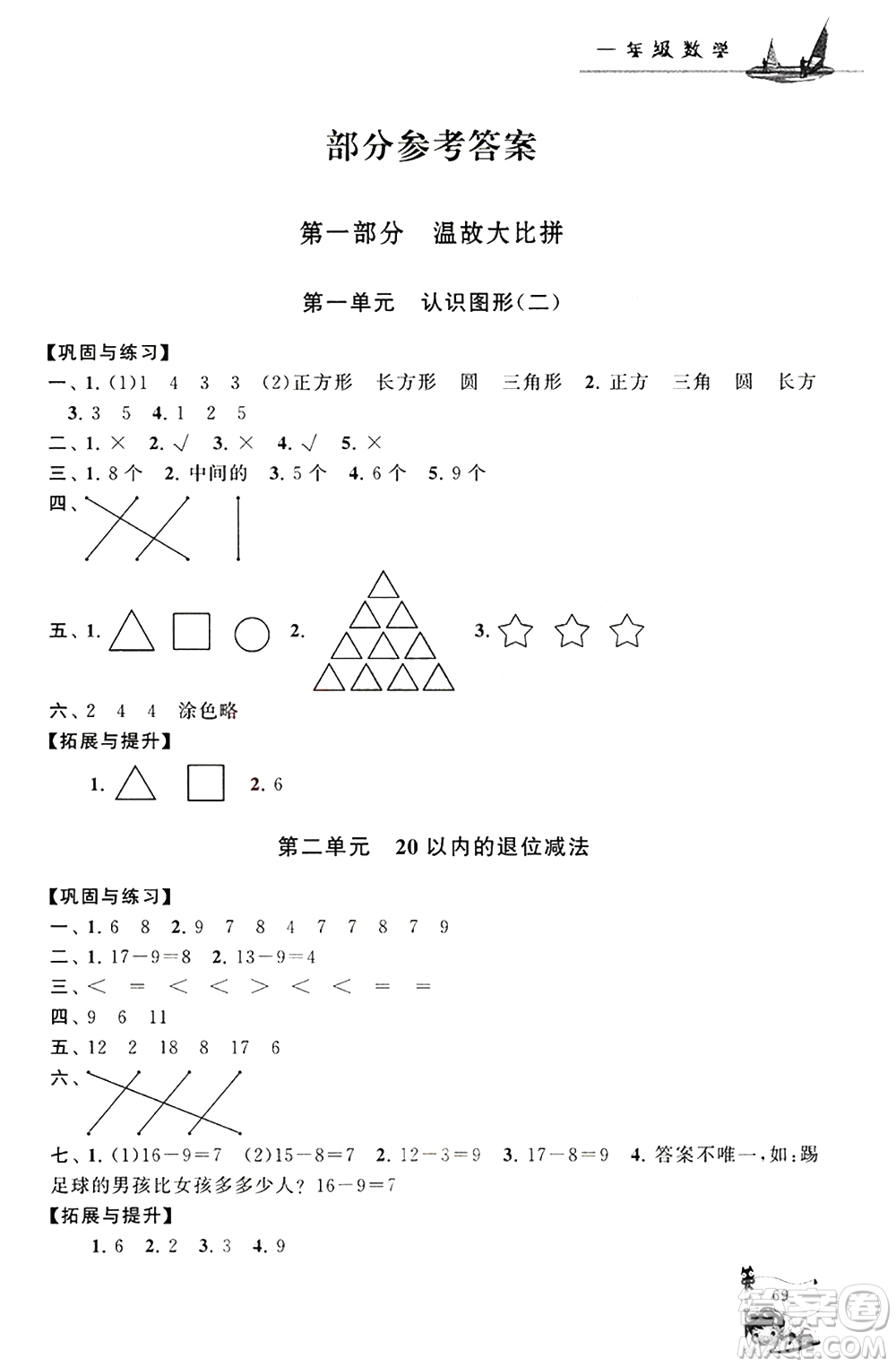 安徽人民出版社2021小學(xué)版暑假大串聯(lián)數(shù)學(xué)一年級(jí)人民教育教材適用答案