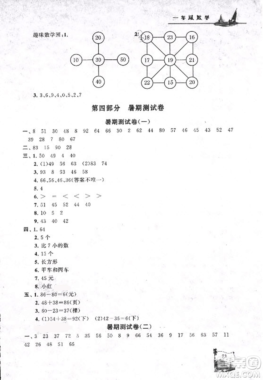 安徽人民出版社2021小學(xué)版暑假大串聯(lián)數(shù)學(xué)一年級江蘇適用答案