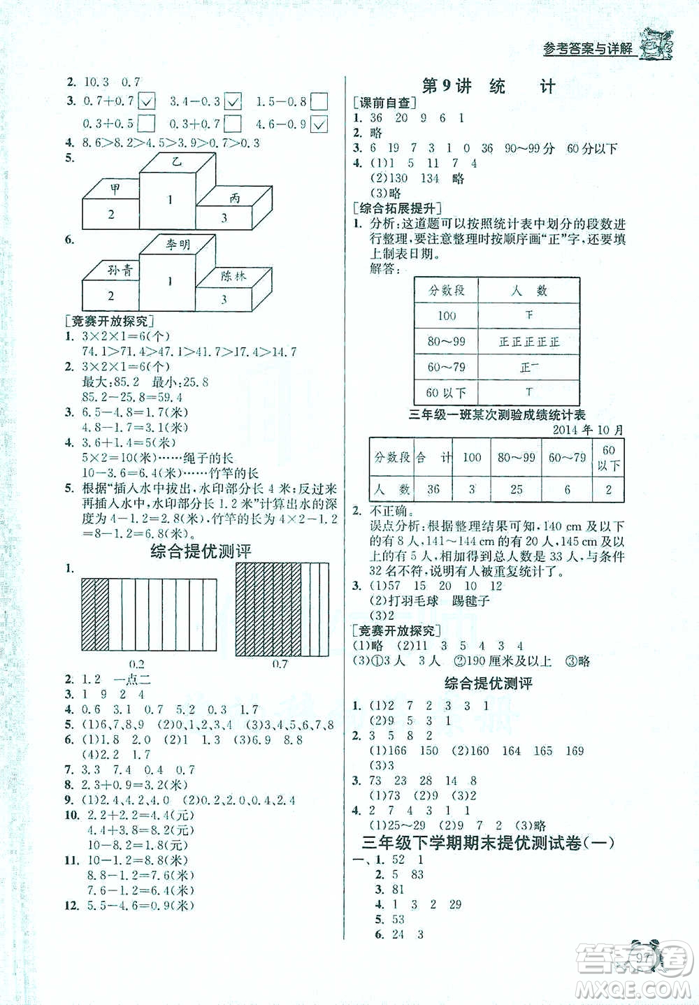 江蘇人民出版社2021實驗班提優(yōu)輔導教程三年級下冊數學通用版參考答案