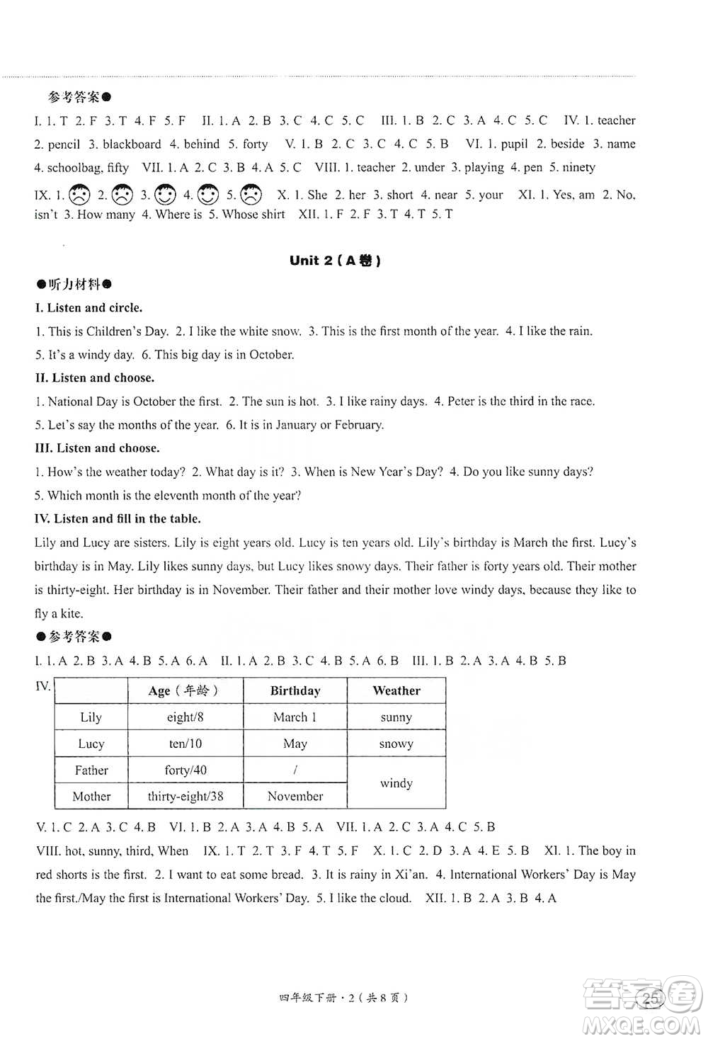 河北教育出版社2021基本功訓(xùn)練四年級(jí)下冊(cè)英語冀教版參考答案