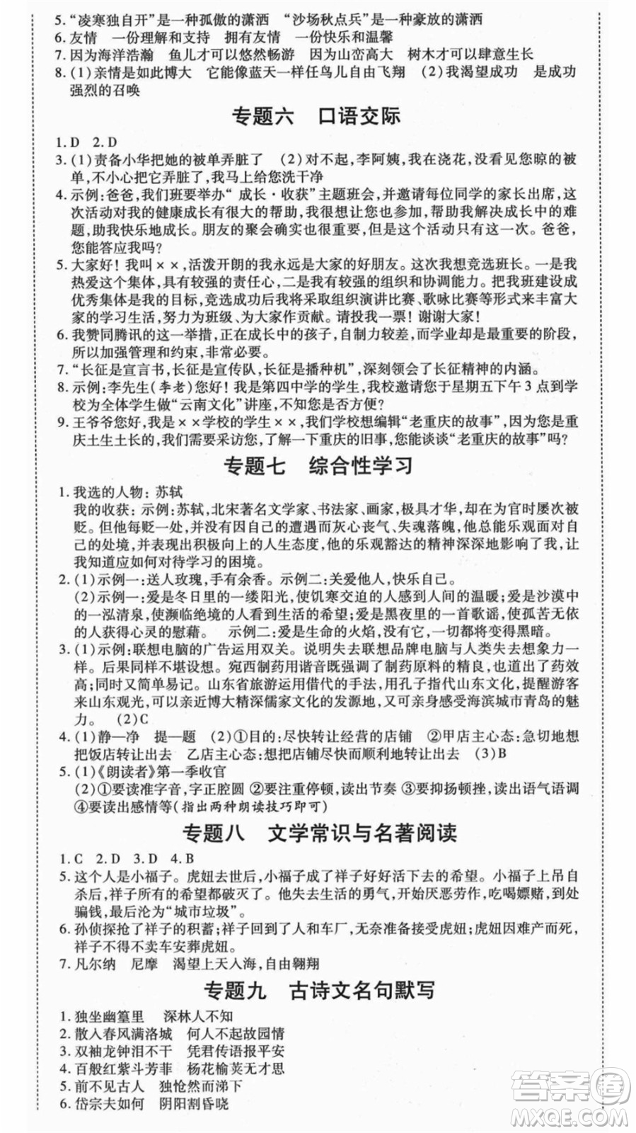 云南美術(shù)出版社2021本土假期總復(fù)習(xí)暑假七年級語文人教版參考答案