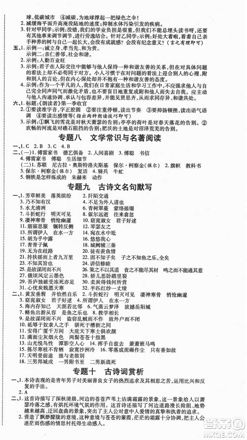 云南美術(shù)出版社2021本土假期總復(fù)習(xí)暑假八年級(jí)語(yǔ)文人教版參考答案