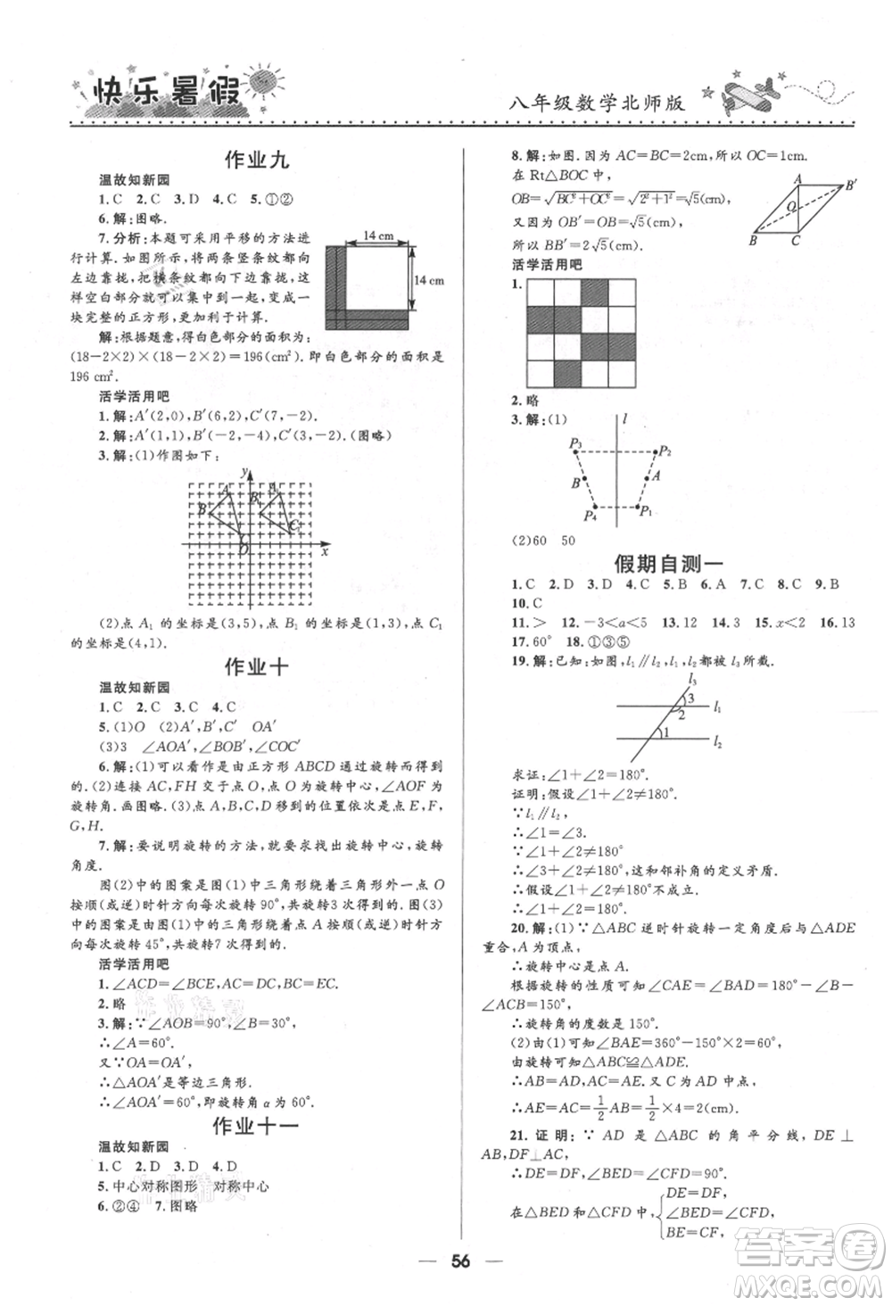 河北少年兒童出版社2021贏在起跑線中學生快樂暑假八年級數(shù)學北師版參考答案