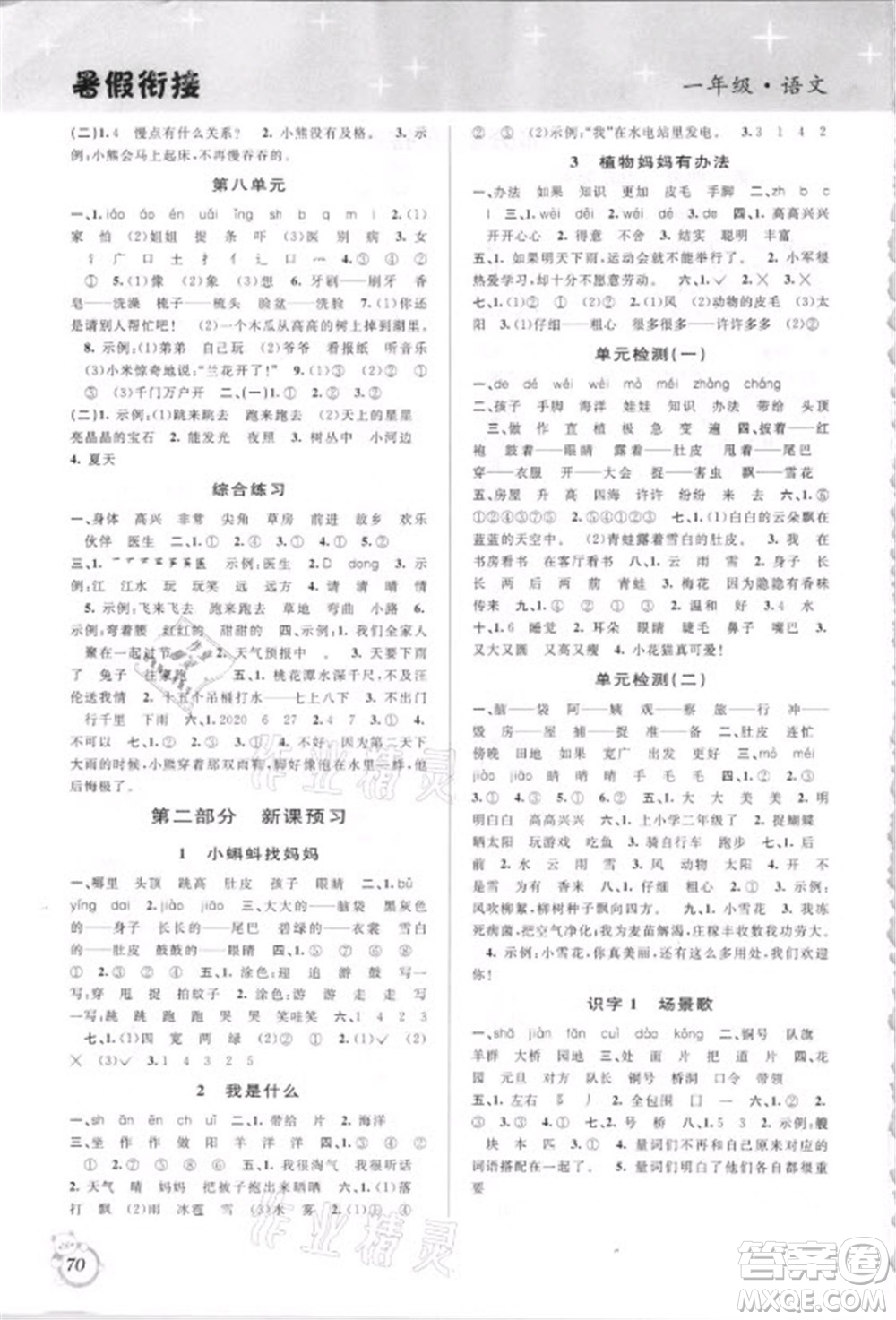 安徽人民出版社2021第三學(xué)期暑假銜接語(yǔ)文一年級(jí)人教版答案